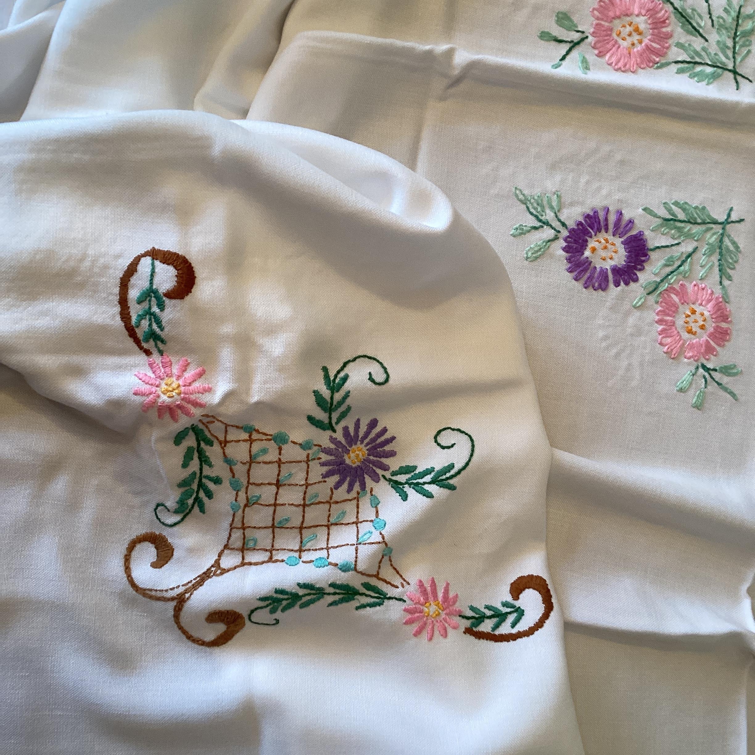 Vintage embroidered tablecloth - baskets of flowers